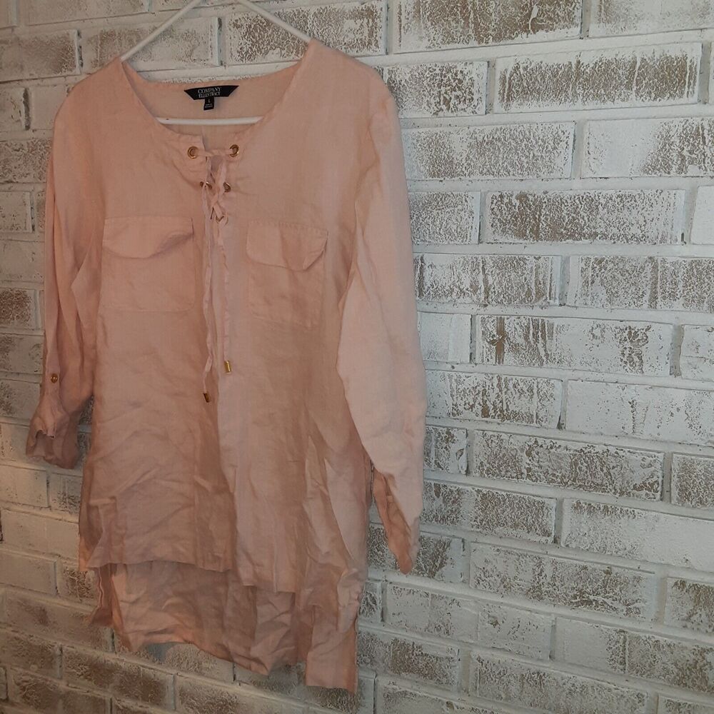 Company Ellen Tracy Top sz L Linen Grommet Tie Tab Sleeve Blush Peach